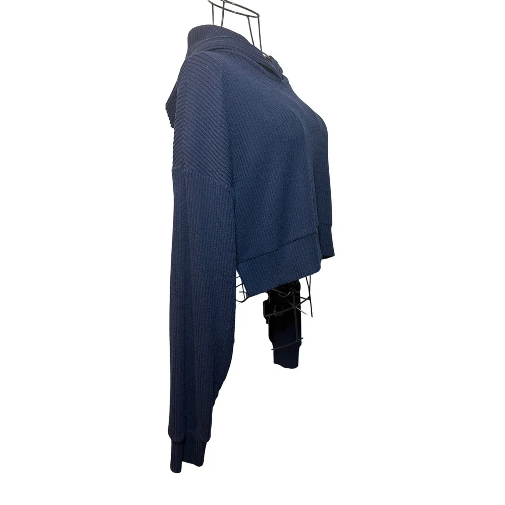 Alo Yoga Muse Hoodie Navy Blue Ribbed Cropped Pullover Sweatshirt Womens S